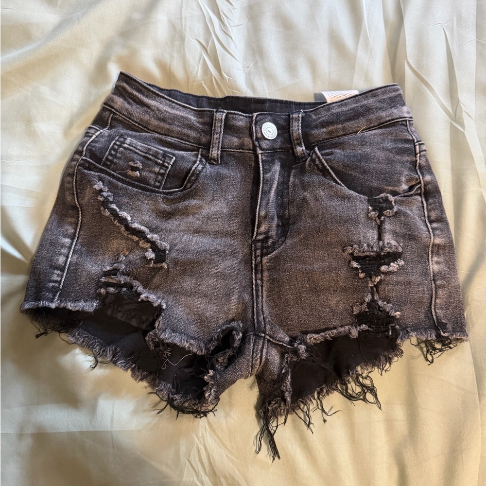 Distressed High-Rise Black Denim Shorts